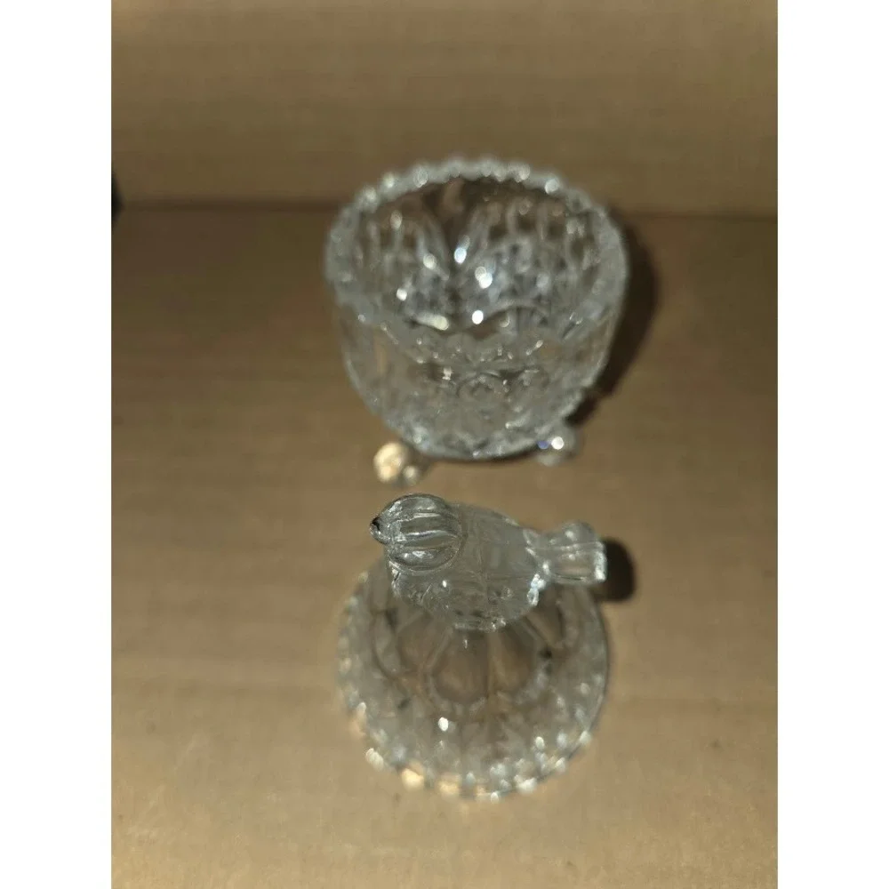 Vintage Crystal Glass Bird Trinket Dish Footed Egg Shaped Jewelry Box 5 Inch